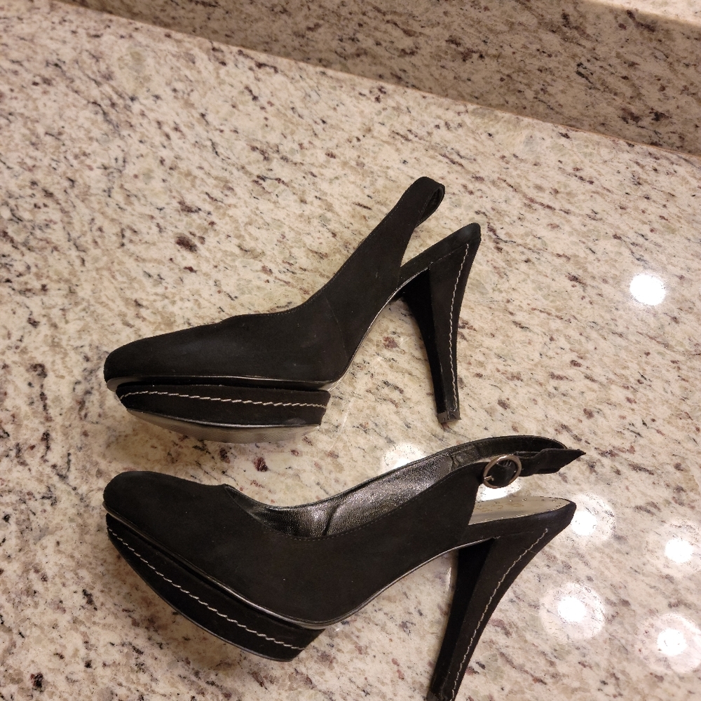 BCBG black suede slingback heels
